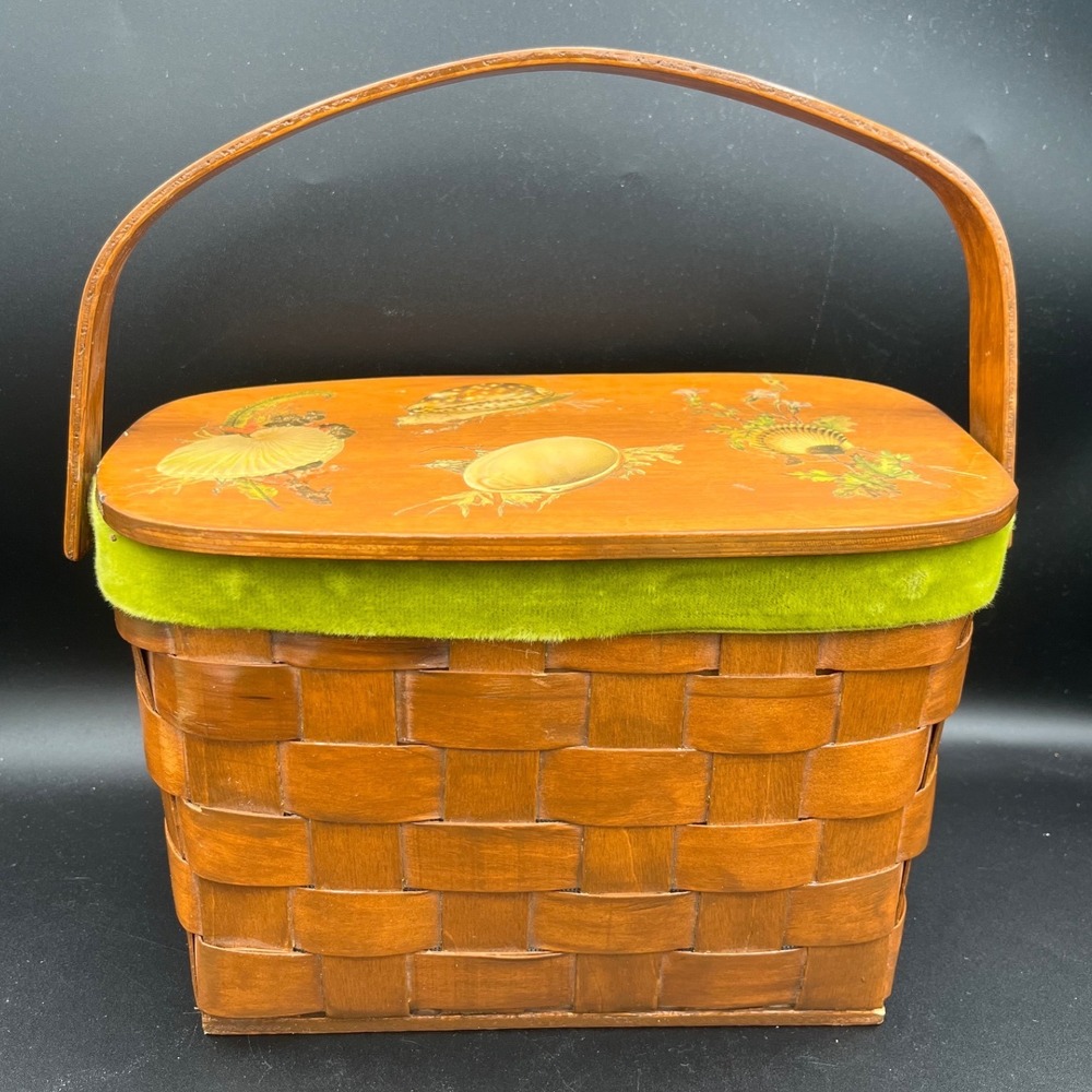 Vtg Caro-Nan woven wood basket purse decoupage seashells on‎ wooden lid 70s.